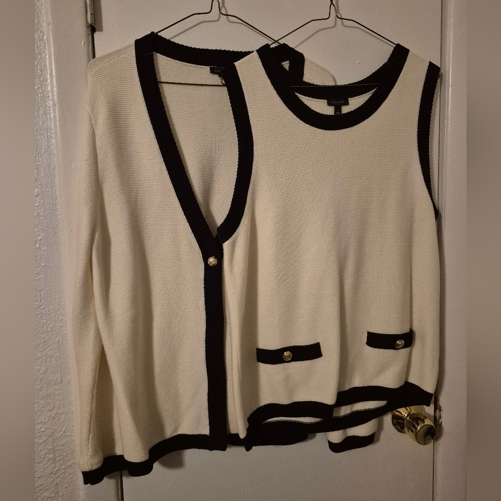 Talbots Tipped Texture V-neck Cardigan And Tank Set
